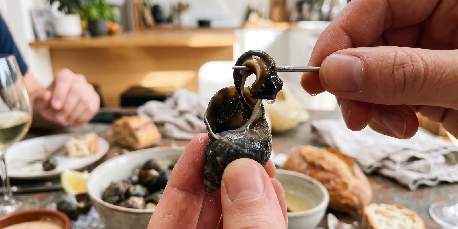 Bigorneau cuit tenu entre deux doigts, la chair tirée hors de la coquille à l'épingle