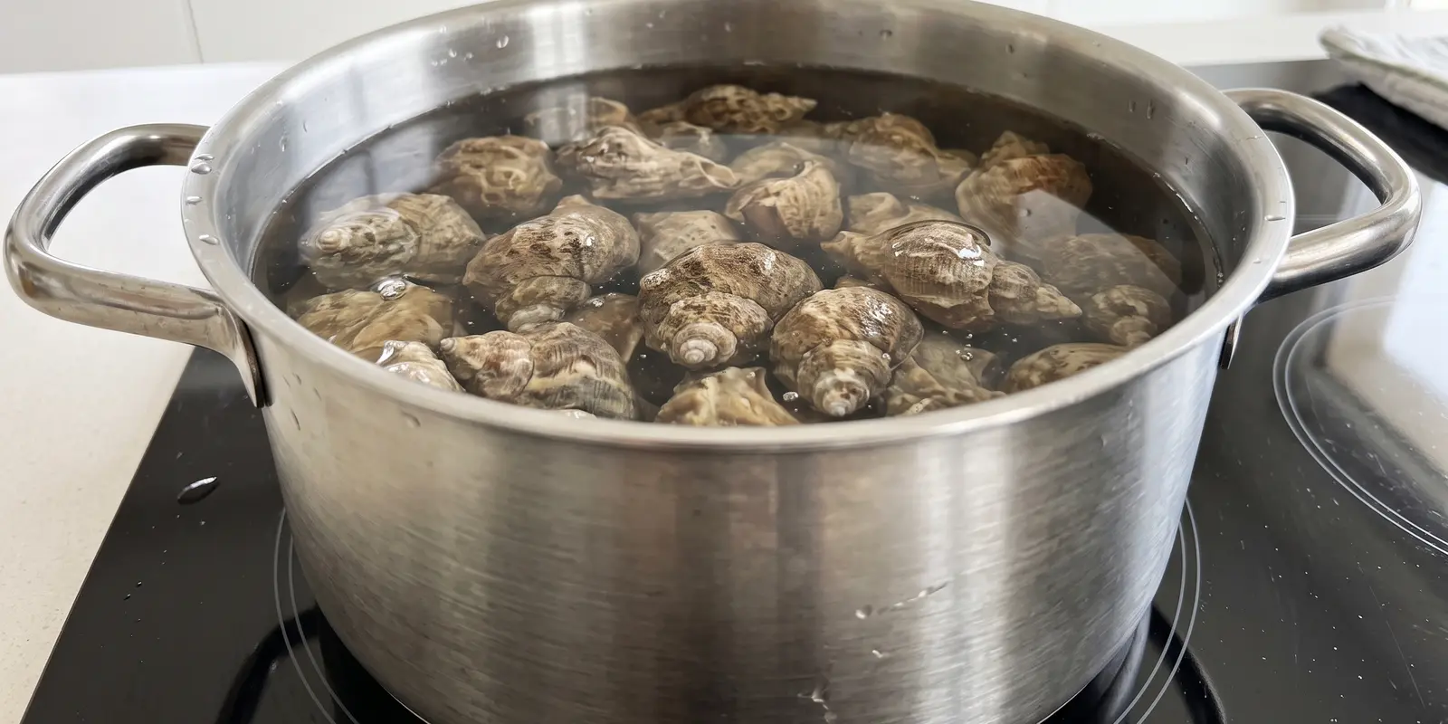 Bulots crus dans une casserole d'eau froide, avant d'allumer le feu