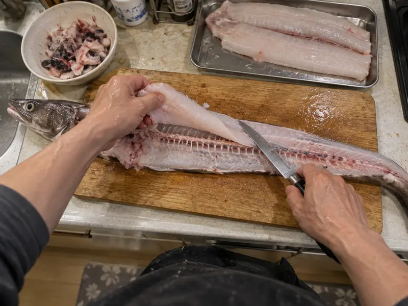 Congre posé sur une planche, dont on lève le filet au couteau le long de l'arête