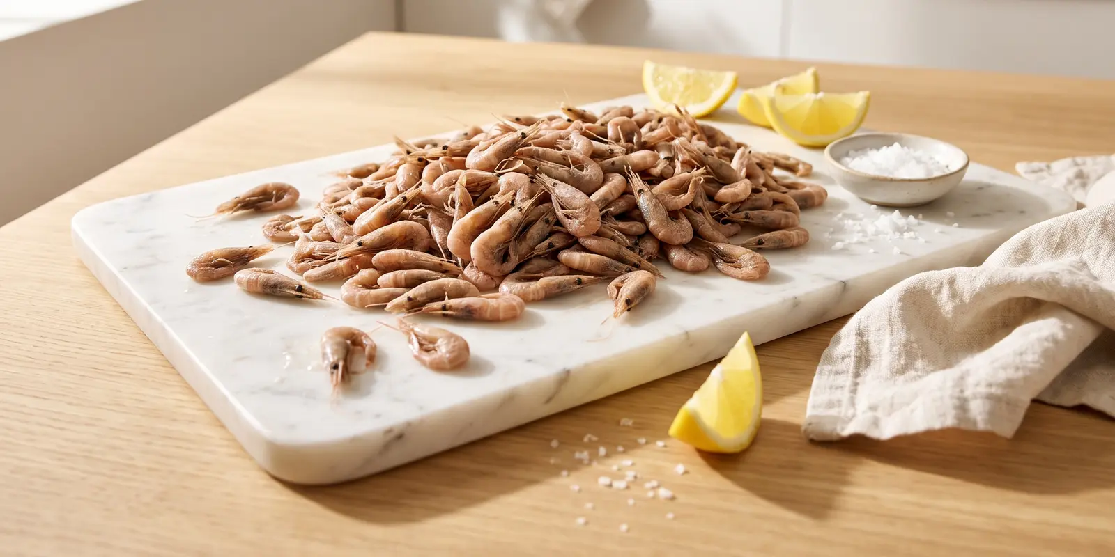 Crevettes grises cuites étalées sur une planche, avec du gros sel et du citron