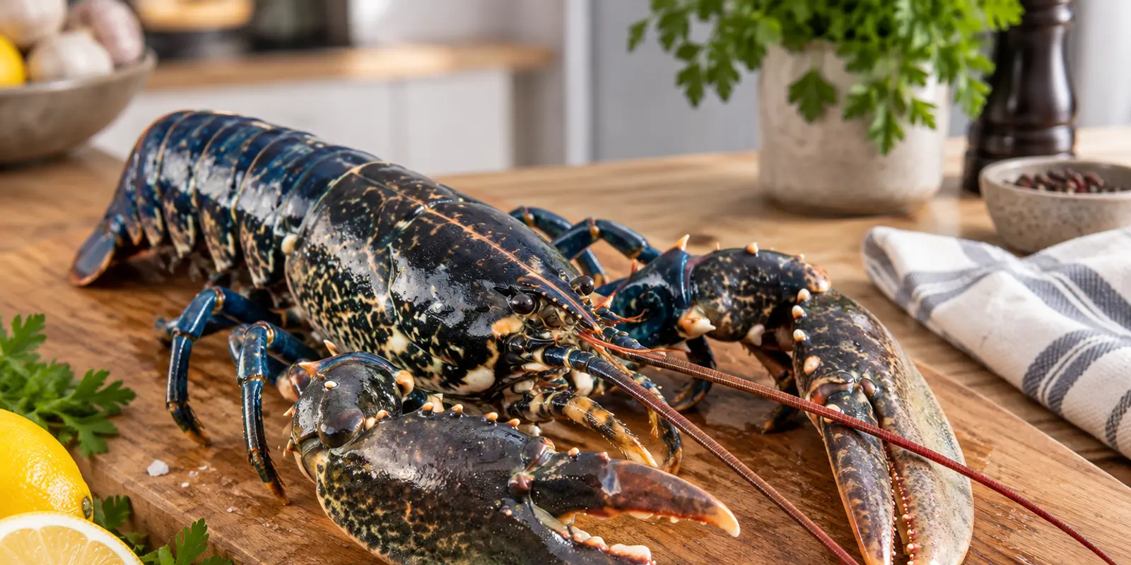 Homard européen vivant, à la carapace bleu sombre, posé sur une planche de bois avant la cuisson, citron et persil à côté