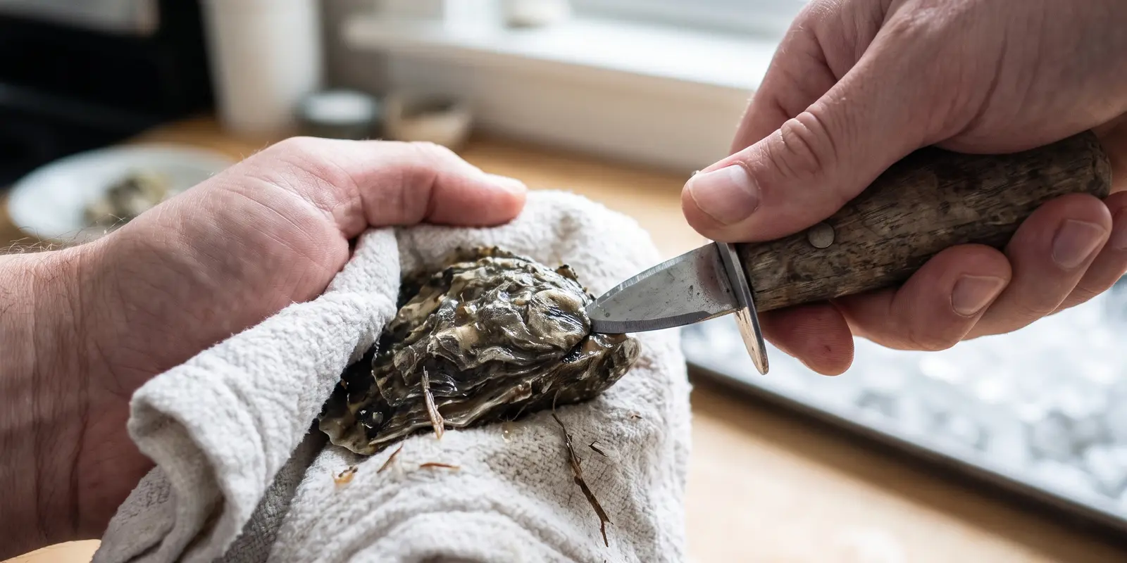 Huître creuse tenue dans un torchon, la lame du couteau à huîtres entrée sur le côté