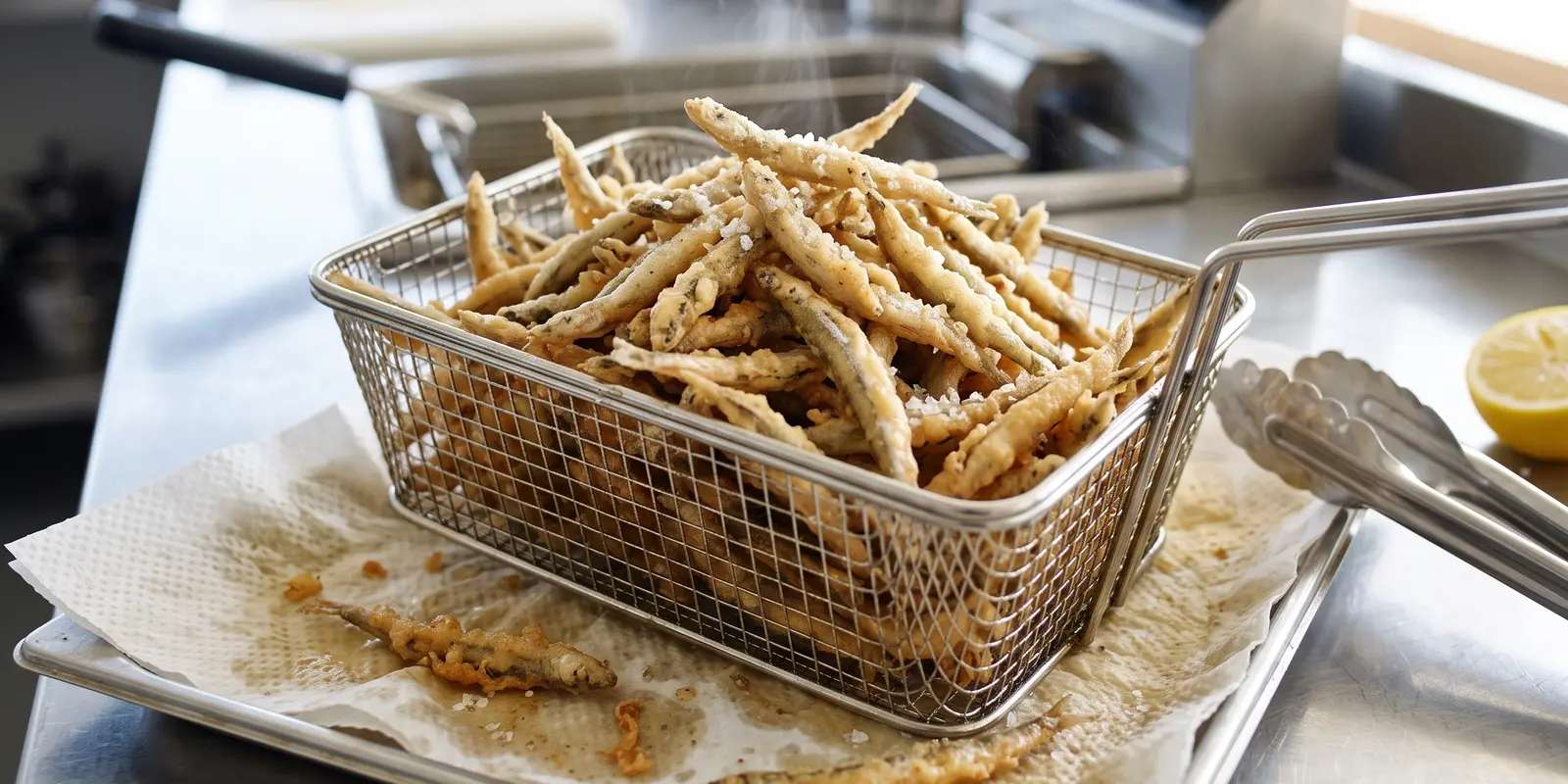 Lançons frits dorés dans un panier de friture, égouttés sur du papier