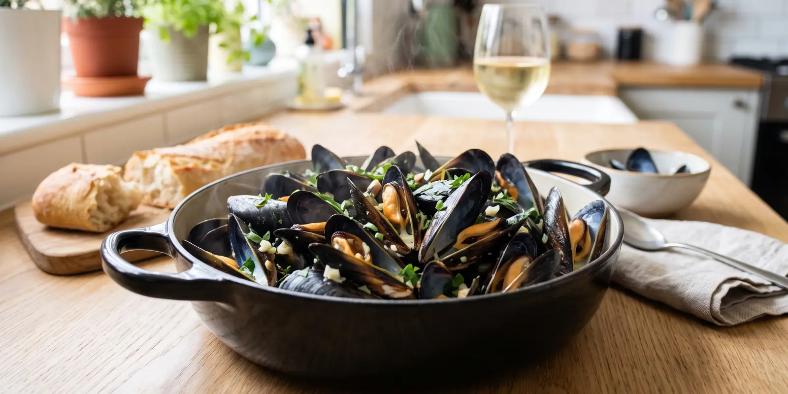 Cocotte de moules ouvertes au persil et à l'ail, du pain posé à côté