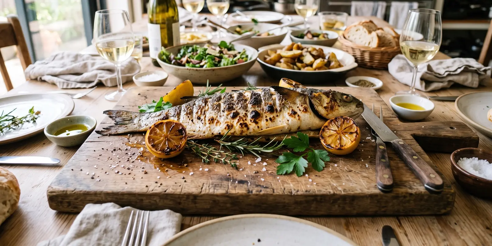Mulet grillé entier sur une planche, la peau marquée par le gril, citrons grillés et herbes