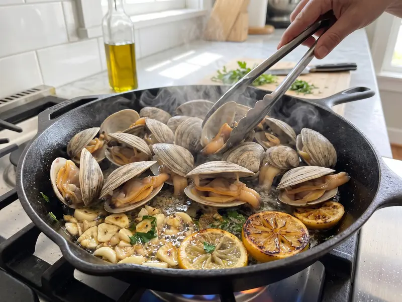 Myes entières ouvertes dans une poêle en fonte, à l'ail et au persil
