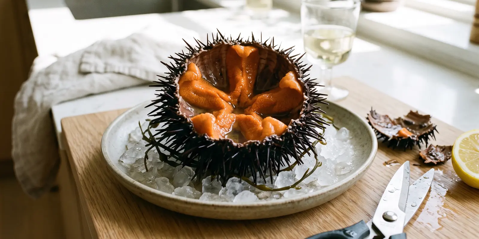 Oursin ouvert posé sur de la glace pilée, les langues orange visibles, les ciseaux à côté