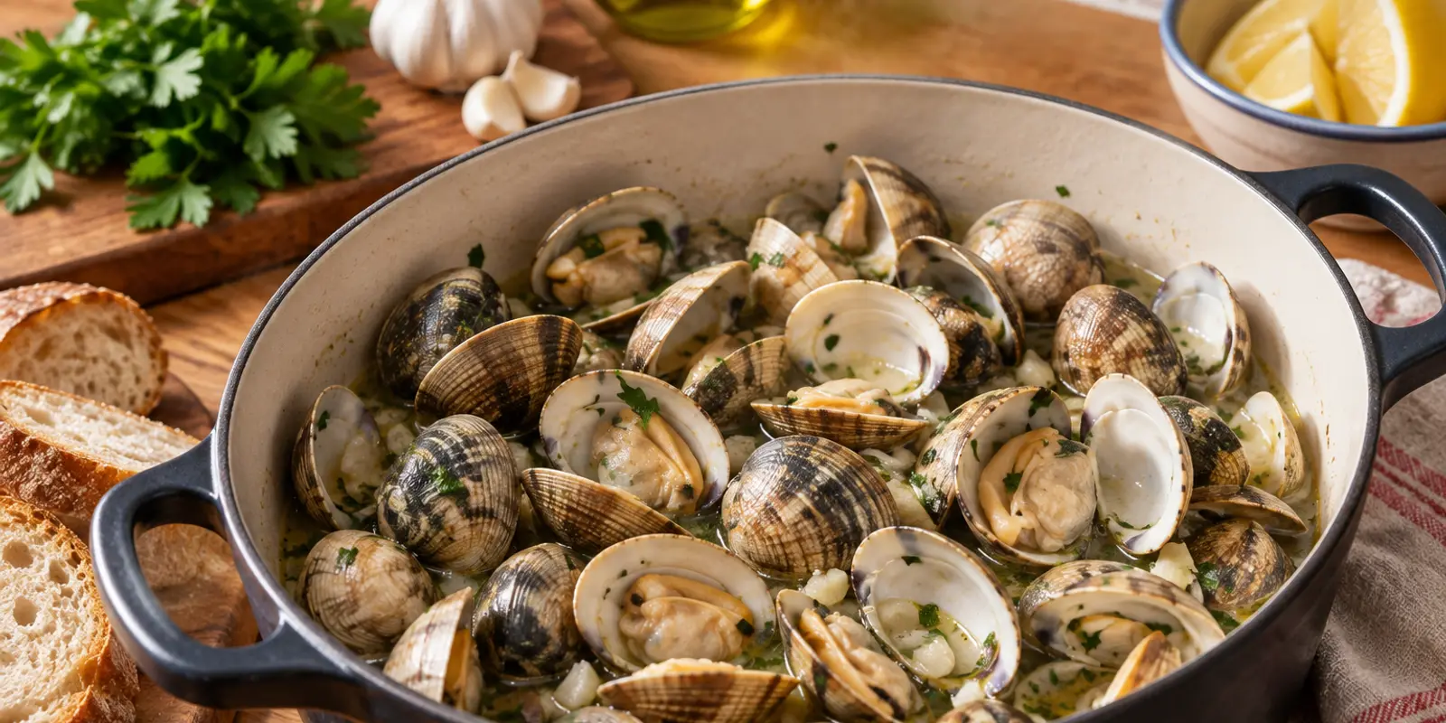 Cocotte de palourdes ouvertes à la cuisson, persil et ail, avec du pain et un citron à côté