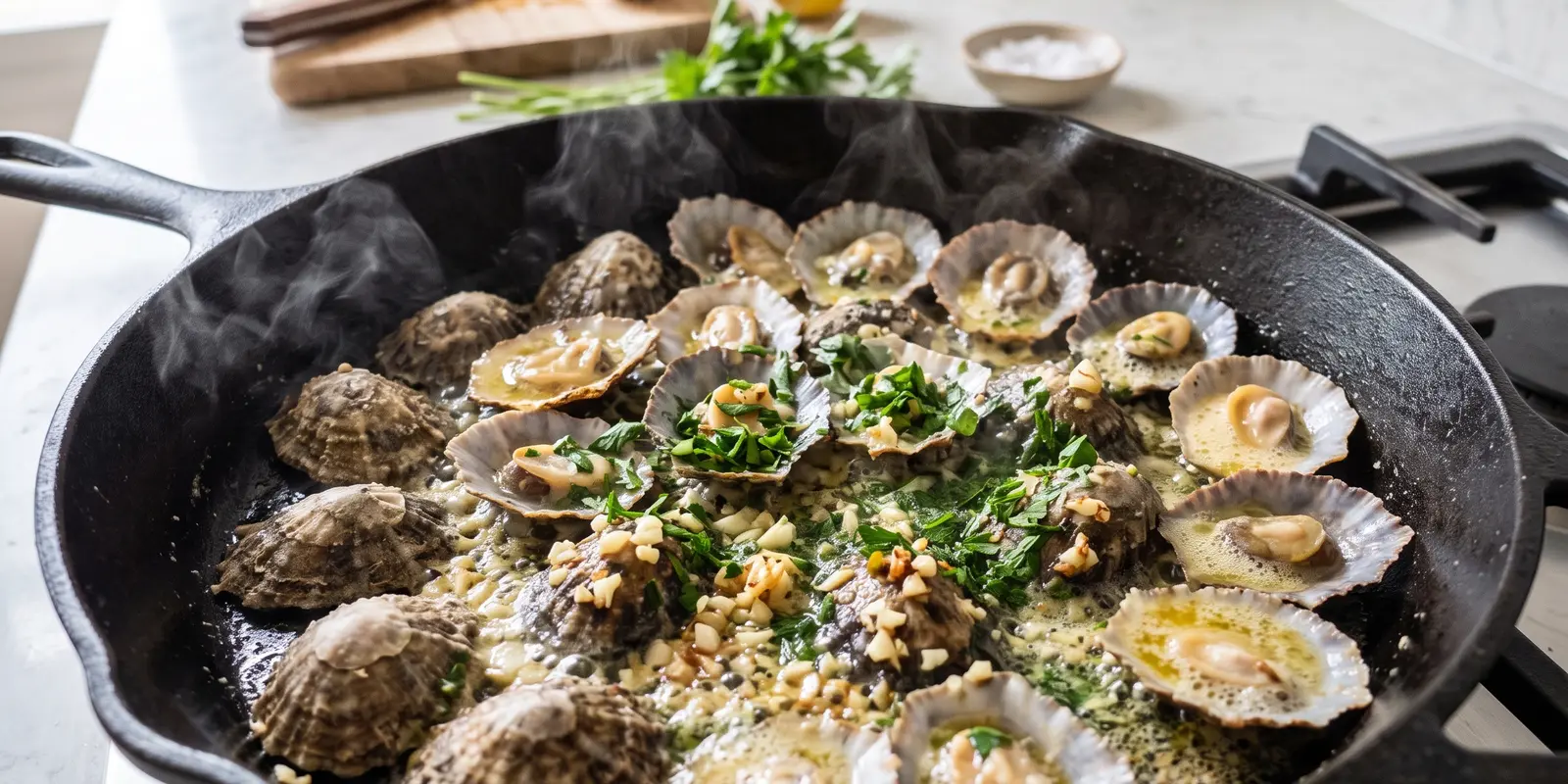 Patelles dans leur coquille, cuites à la poêle au beurre persillé