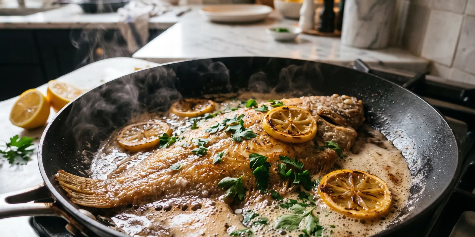 Sole à la meunière dans une poêle, au beurre noisette, persil et citron