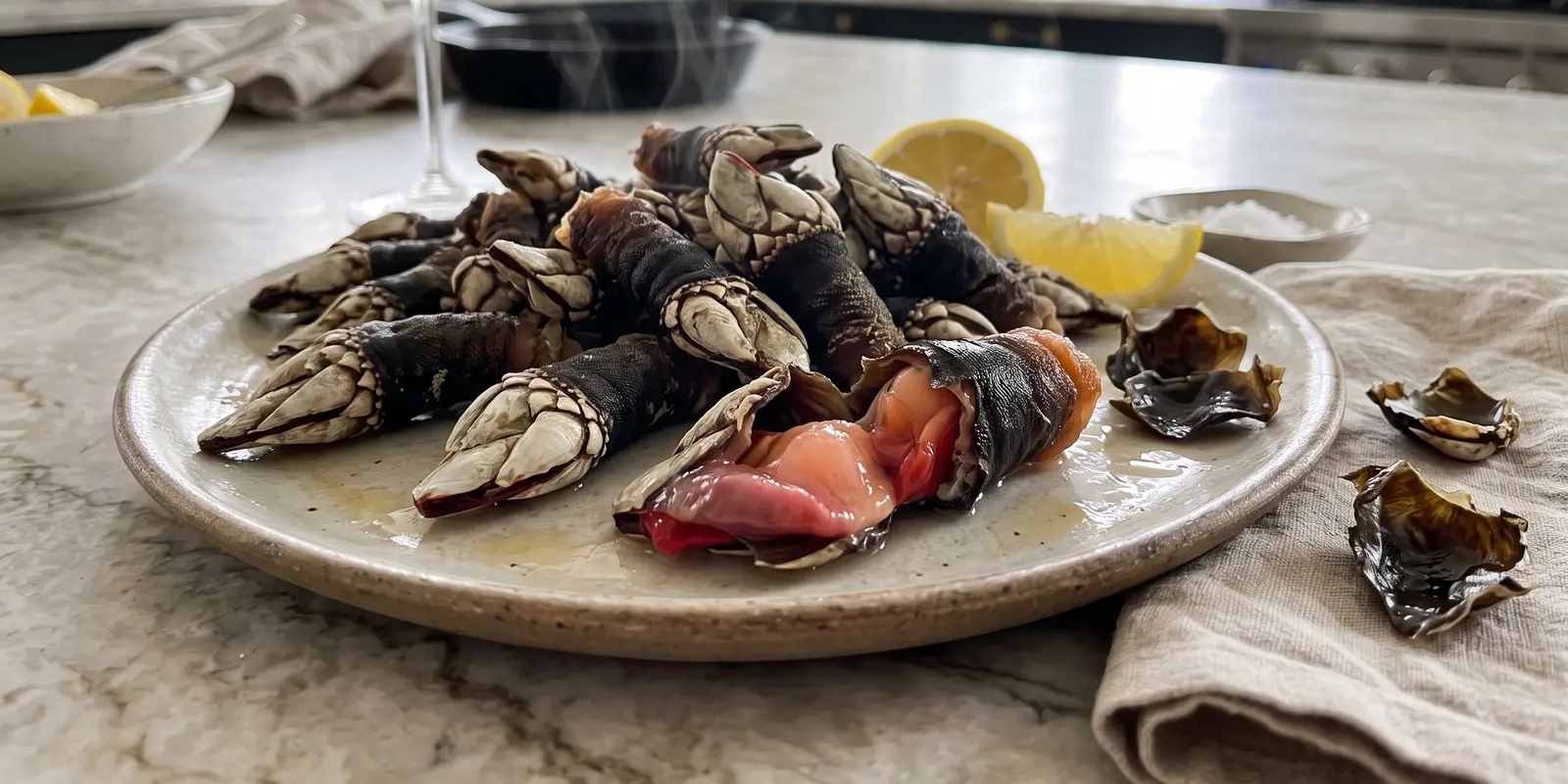 Assiette de pouces-pieds cuits, l'un ouvert sur sa chair rosée, du citron à côté
