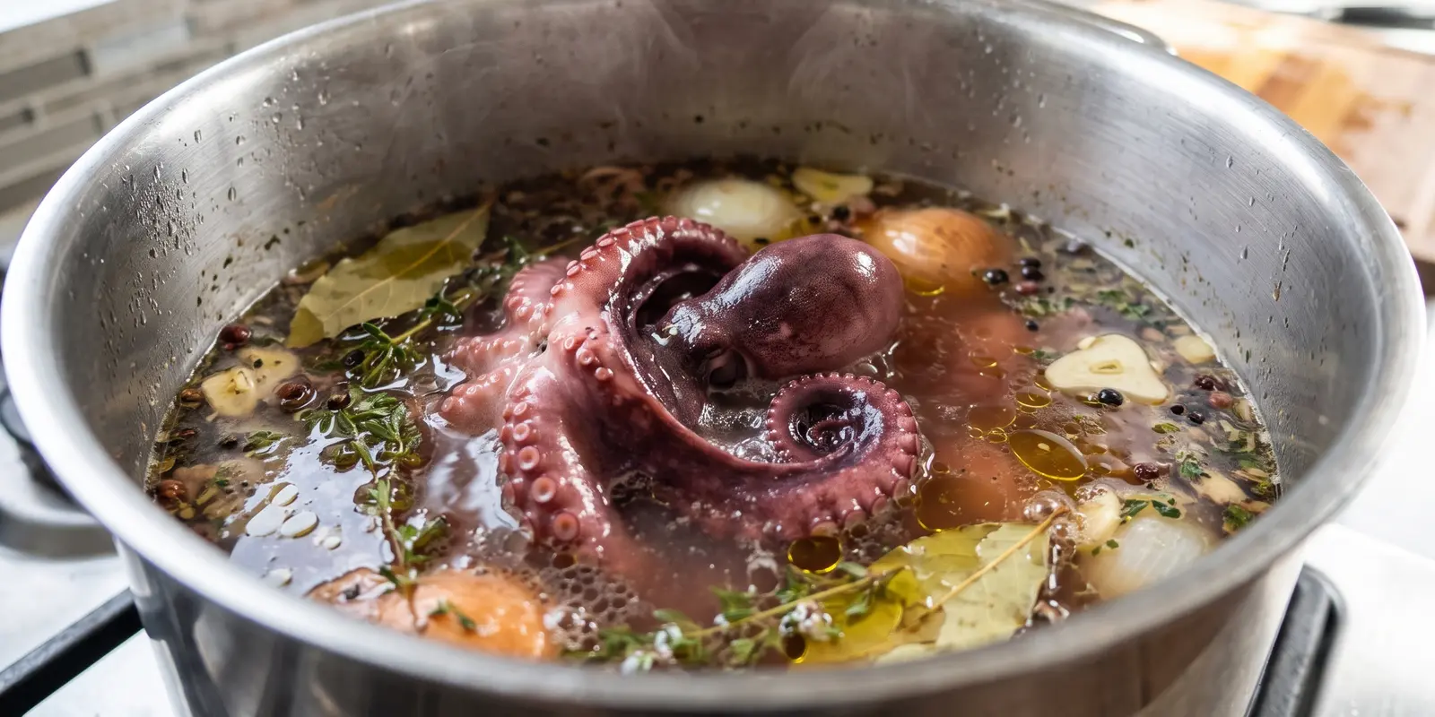 Poulpe qui tiédit dans son bouillon aromatique, dans une marmite