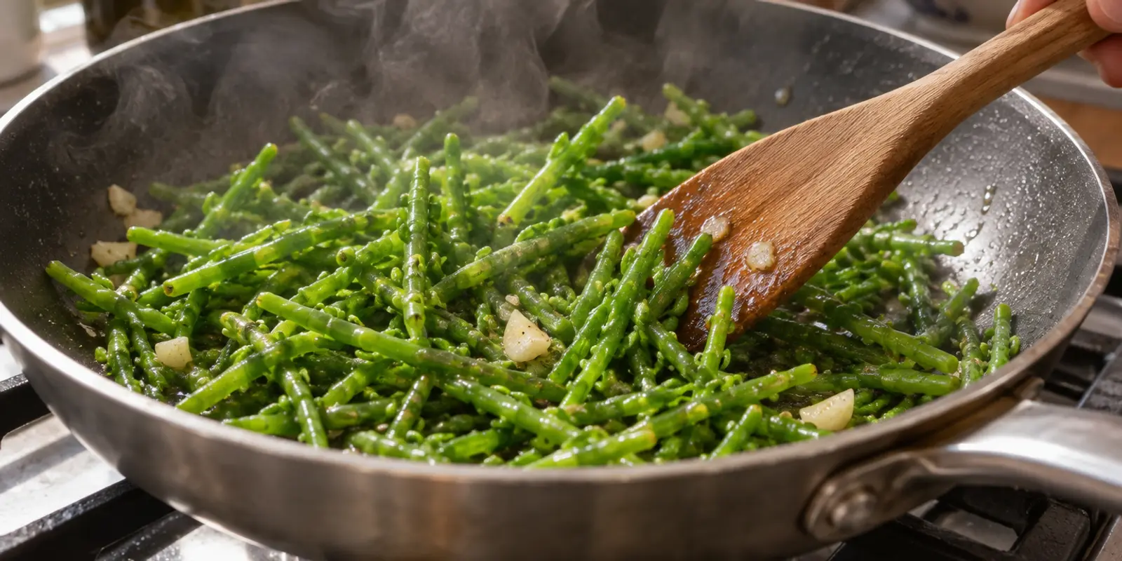 Salicorne sautée à l'ail dans une poêle, remuée à la spatule en bois