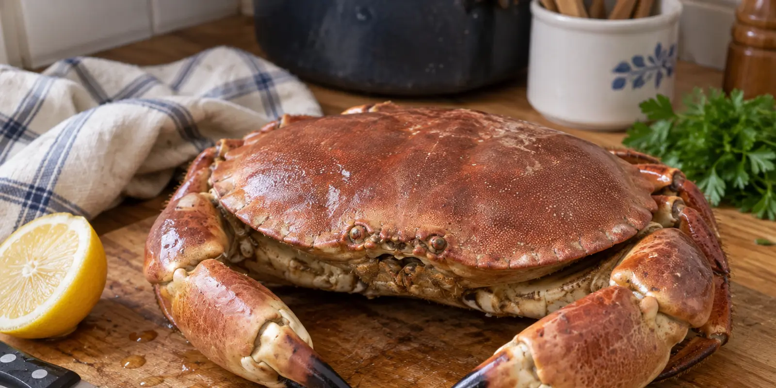 Tourteau cuit posé sur une planche de bois dans une cuisine, avec un citron et un couteau à côté