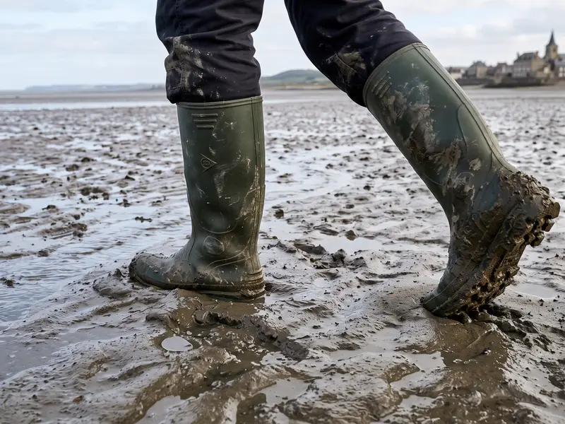 Bottes en caoutchouc couvertes de vase qui avancent sur l'estran à marée basse