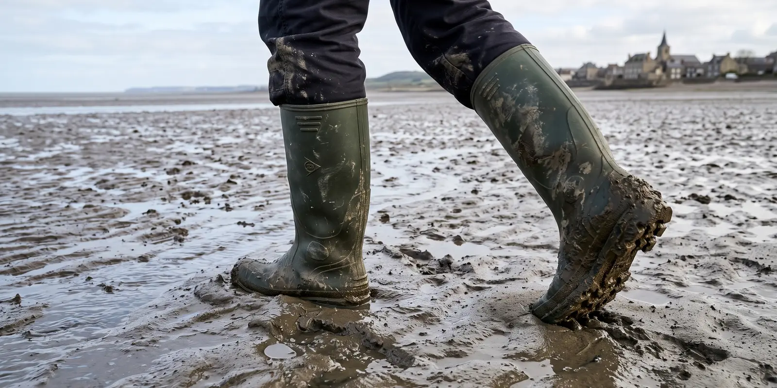 Bottes en caoutchouc couvertes de vase qui avancent sur l'estran à marée basse