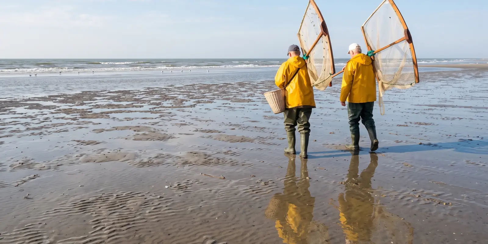 Deux pêcheurs en ciré jaune partant vers la mer à marée basse, haveneau sur l'épaule et panier à la main