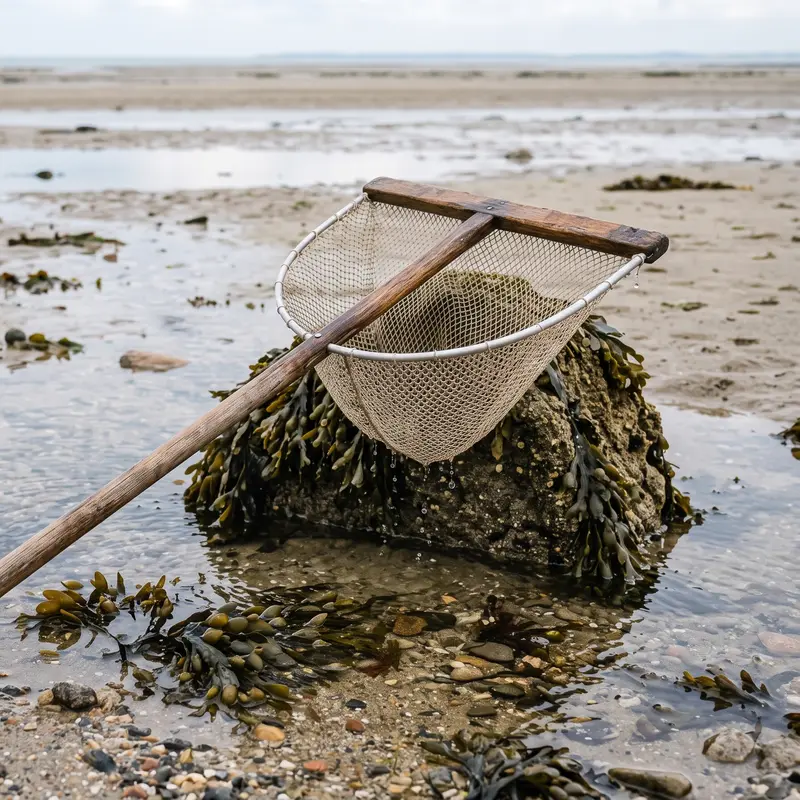 Haveneau à barre de bois et filet fin posé contre un rocher couvert de fucus, au bord d'une flaque