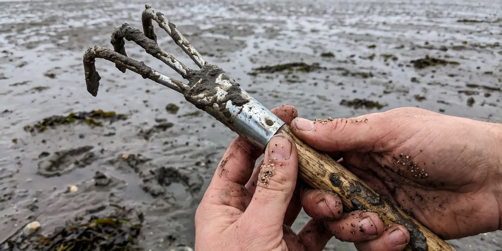 Griffe à palourdes tenue à deux mains sur un estran vaseux, dents courbes encore couvertes de sable