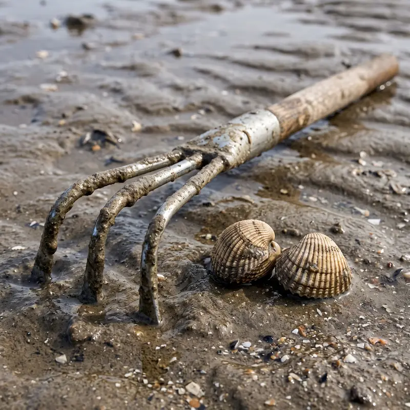 Griffe à palourdes posée sur le sable vaseux à côté de deux coques