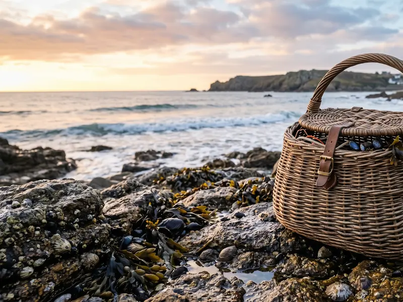 Panier de pêche en osier à couvercle posé sur les rochers couverts d'algues