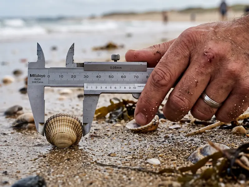 Main qui approche un pied à coulisse d'une coque posée sur le sable