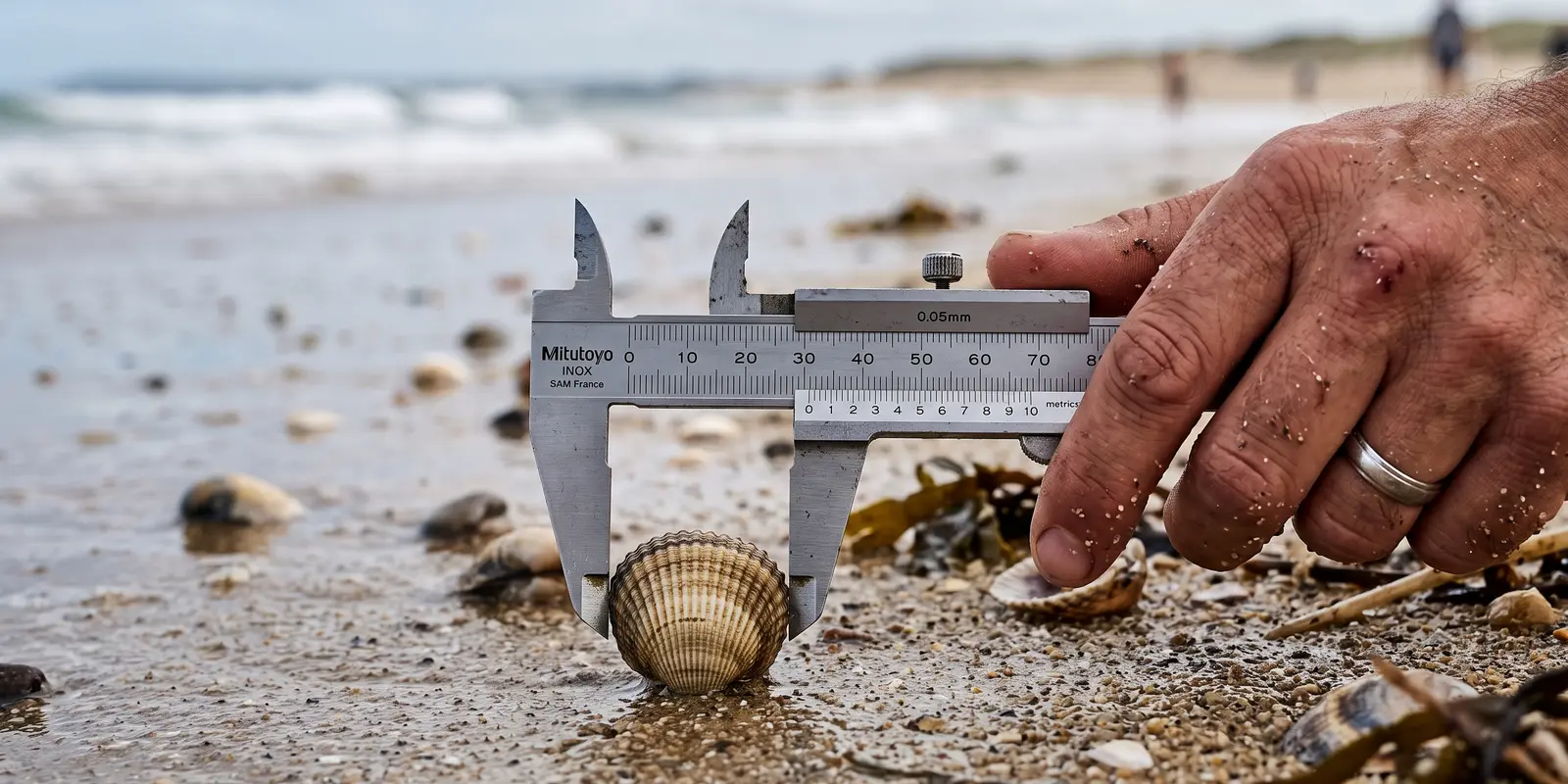 Main qui approche un pied à coulisse d'une coque posée sur le sable
