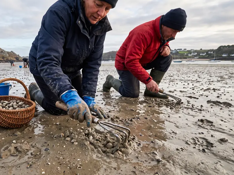 Deux pêcheurs à genoux qui grattent le sable à la recherche de coques, panier et seau à côté