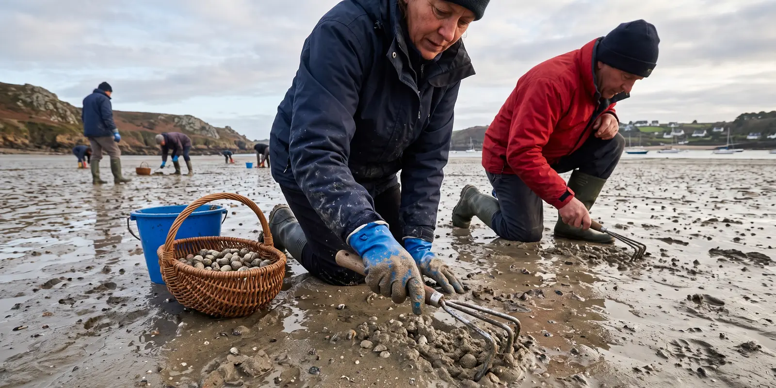 Deux pêcheurs à genoux qui grattent le sable à la recherche de coques, panier et seau à côté