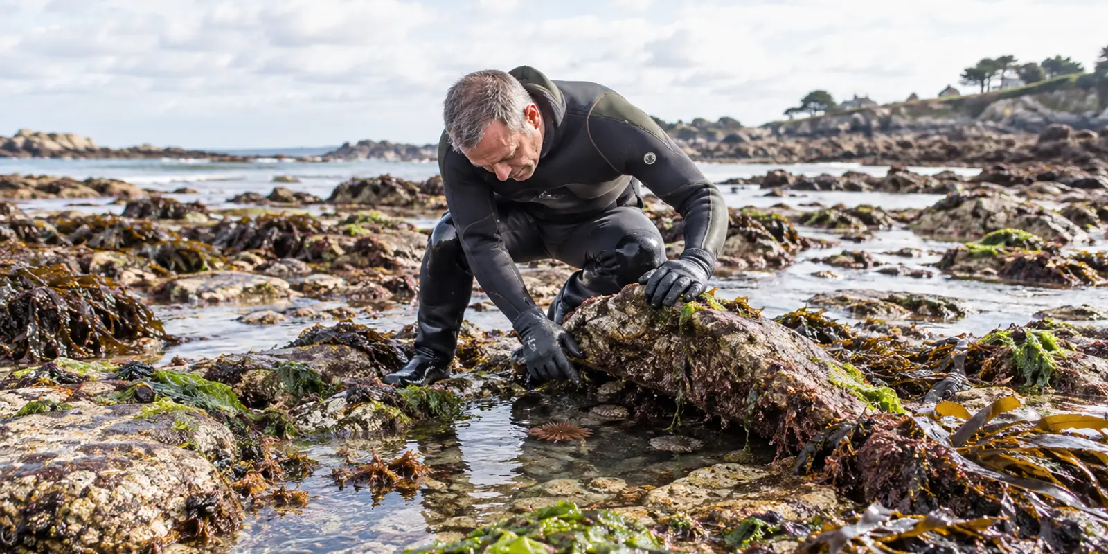 Pêcheur en combinaison néoprène et gants, accroupi pour regarder sous un rocher couvert d'algues