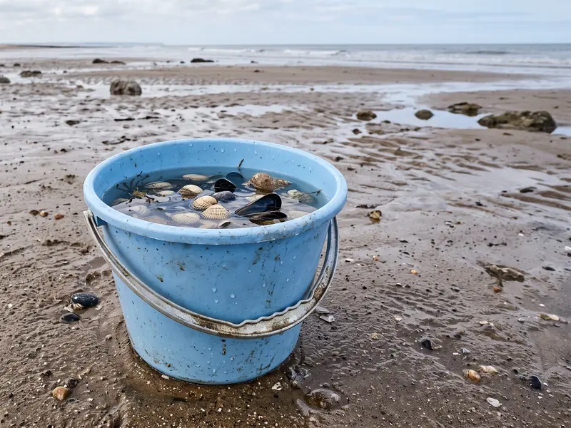 Seau en plastique rempli de coquillages posé sur le sable mouillé de l'estran