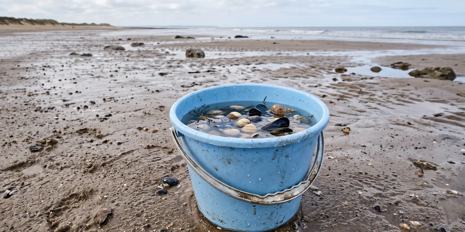 Seau en plastique rempli de coquillages posé sur le sable mouillé de l'estran